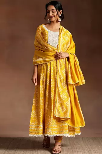 womens mustard printed anarkali kurta with churidar & dupatta