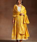 womens mustard printed anarkali kurta with churidar & dupatta