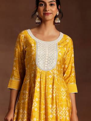womens mustard printed anarkali kurta with churidar & dupatta 2