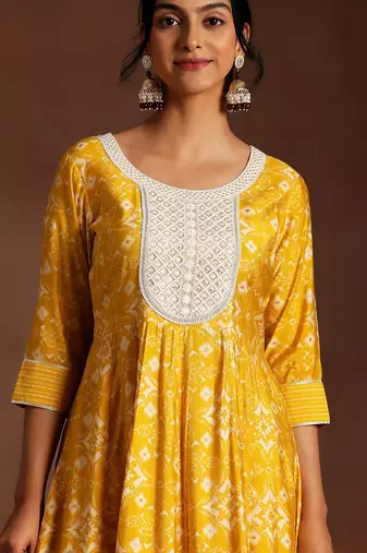 womens mustard printed anarkali kurta with churidar & dupatta