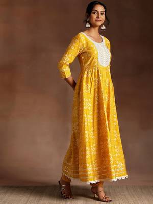 womens mustard printed anarkali kurta with churidar & dupatta 4