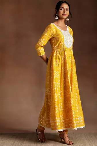 womens mustard printed anarkali kurta with churidar & dupatta