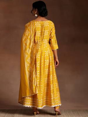 womens mustard printed anarkali kurta with churidar & dupatta 5