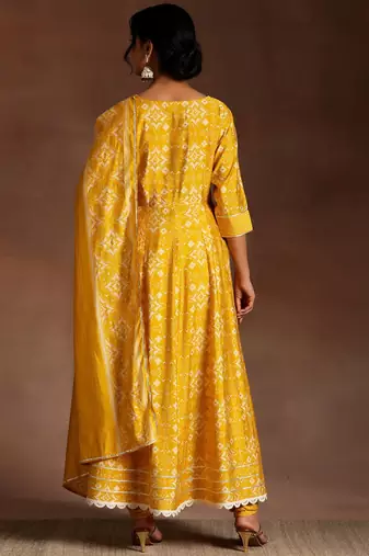 womens mustard printed anarkali kurta with churidar & dupatta