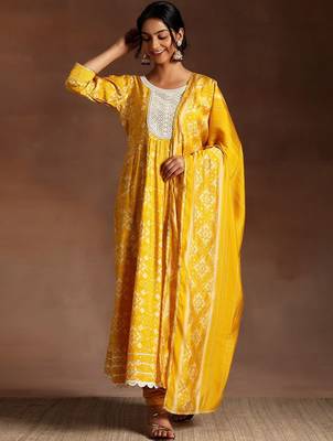 womens mustard printed anarkali kurta with churidar & dupatta 6