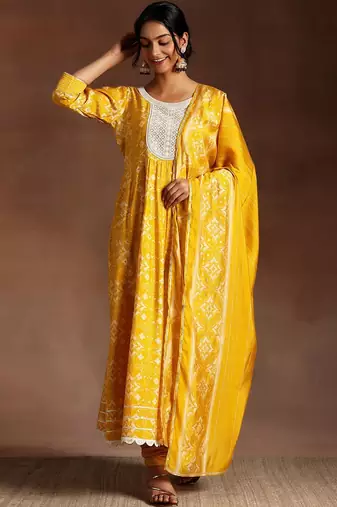 womens mustard printed anarkali kurta with churidar & dupatta