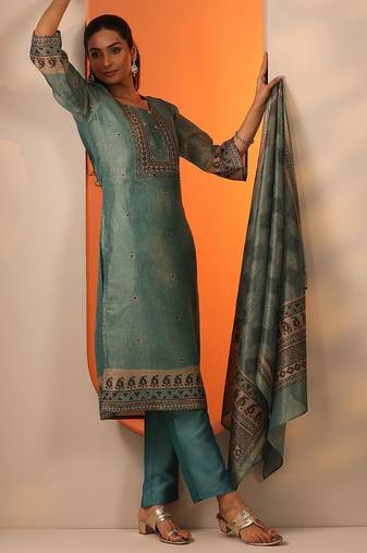 geometric embroidered sequinned straight kurta with trousers and dupatta