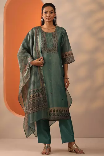 geometric embroidered sequinned straight kurta with trousers and dupatta