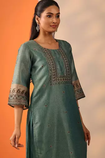 geometric embroidered sequinned straight kurta with trousers and dupatta