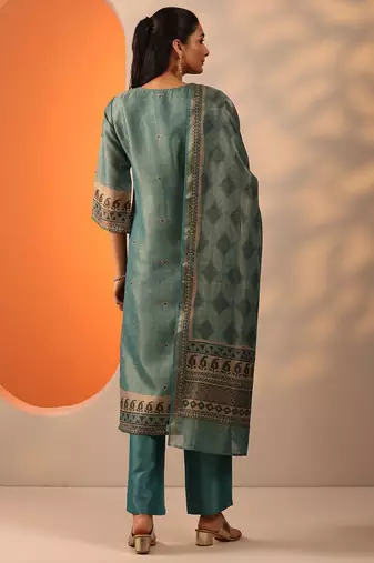 geometric embroidered sequinned straight kurta with trousers and dupatta