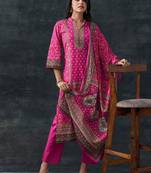 ethnic motifs printed mandarin collar straight kurta with trousers & dupatta