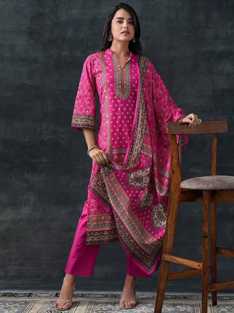 ethnic motifs printed mandarin collar straight kurta with trousers & dupatta