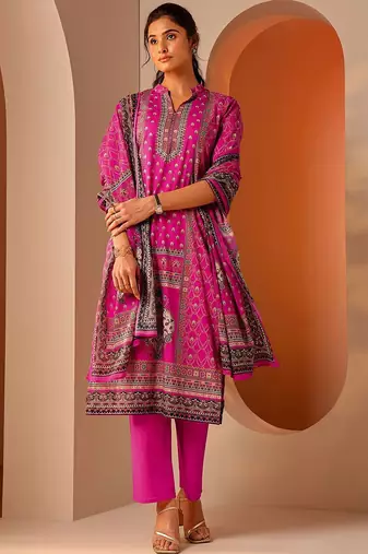 ethnic motifs printed mandarin collar straight kurta with trousers & dupatta