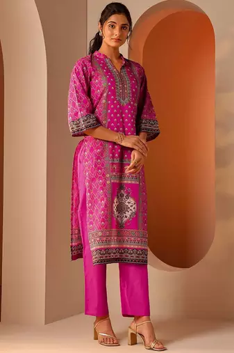 ethnic motifs printed mandarin collar straight kurta with trousers & dupatta