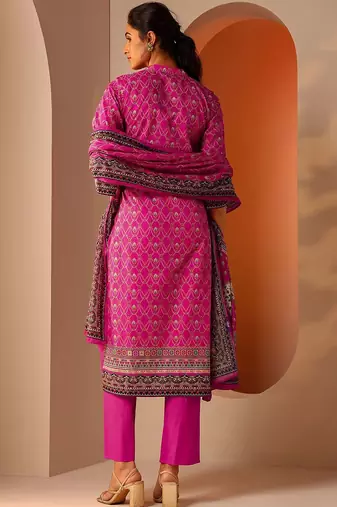 ethnic motifs printed mandarin collar straight kurta with trousers & dupatta