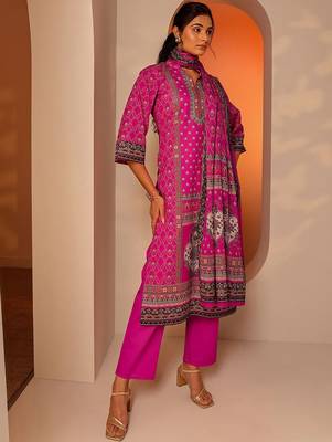 ethnic motifs printed mandarin collar straight kurta with trousers & dupatta 6
