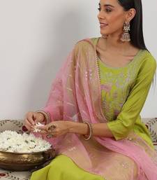 green and pink floral zari yoke design straight kurta with trouser & dupatta