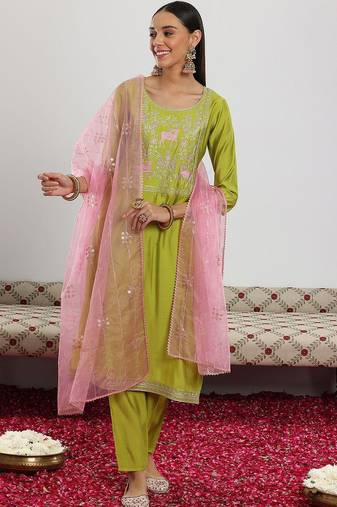 green and pink floral zari yoke design straight kurta with trouser & dupatta