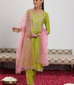 green and pink floral zari yoke design straight kurta with trouser & dupatta