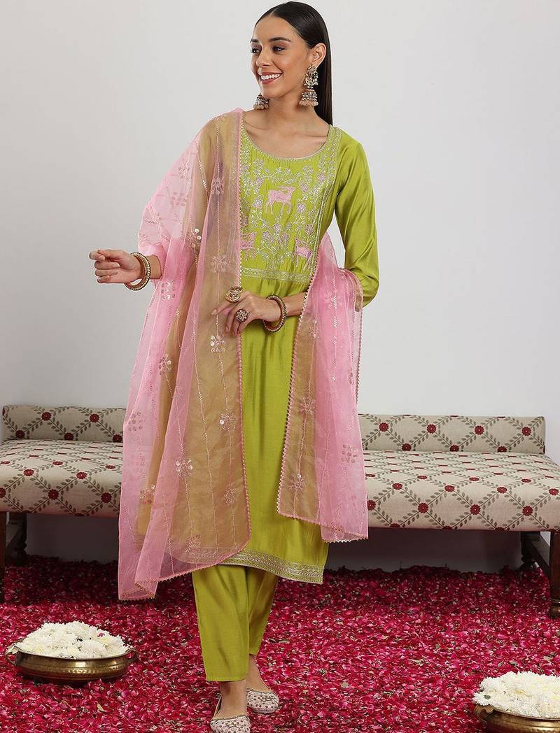 green and pink floral zari yoke design straight kurta with trouser & dupatta