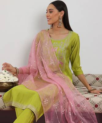 green and pink floral zari yoke design straight kurta with trouser & dupatta 6