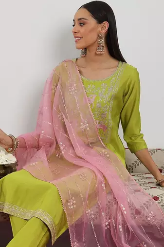 green and pink floral zari yoke design straight kurta with trouser & dupatta