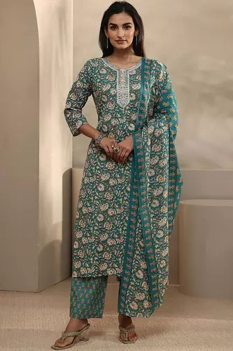 women floral printed regular thread work kurta with trousers & with dupatta