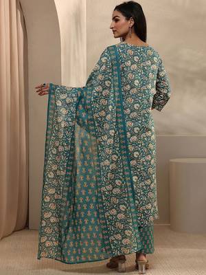 women floral printed regular thread work kurta with trousers & with dupatta 6