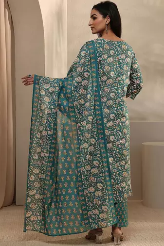 women floral printed regular thread work kurta with trousers & with dupatta