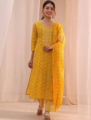 sunshine yellow printed cotton straight suit set 1