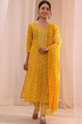 sunshine yellow printed cotton straight suit set