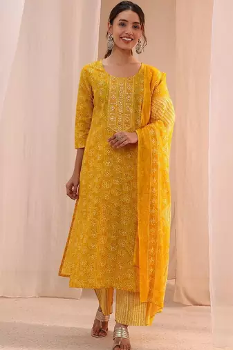 sunshine yellow printed cotton straight suit set