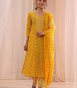 sunshine yellow printed cotton straight suit set