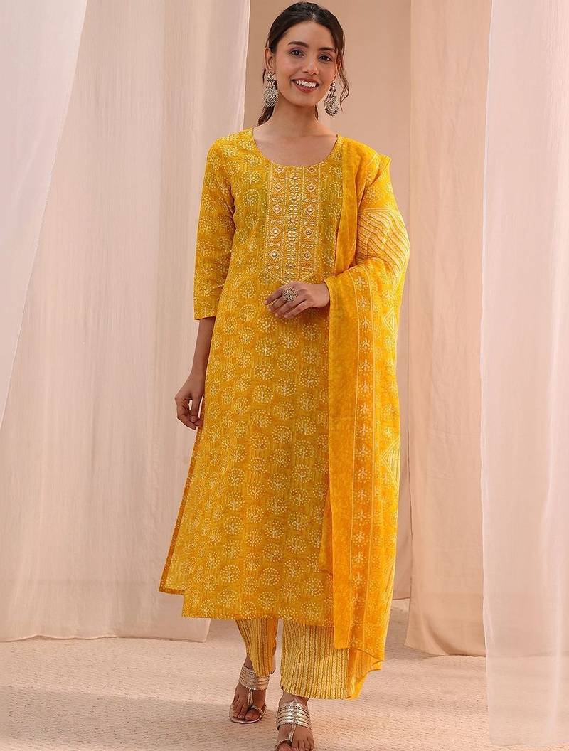 sunshine yellow printed cotton straight suit set
