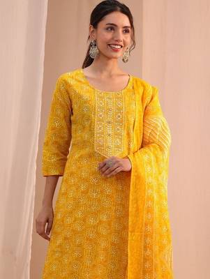 sunshine yellow printed cotton straight suit set 2