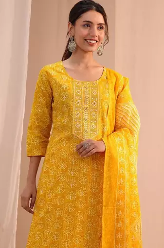 sunshine yellow printed cotton straight suit set