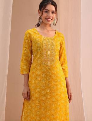 sunshine yellow printed cotton straight suit set 3