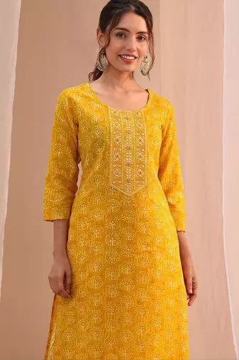 sunshine yellow printed cotton straight suit set