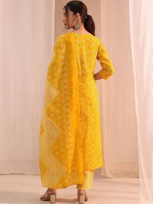 sunshine yellow printed cotton straight suit set 4