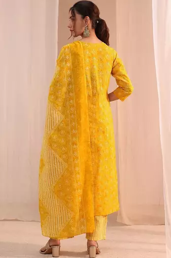 sunshine yellow printed cotton straight suit set
