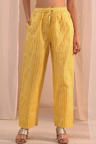 sunshine yellow printed cotton straight suit set