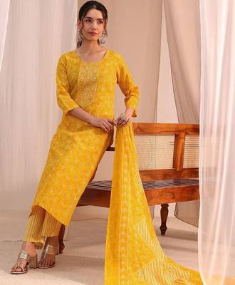 sunshine yellow printed cotton straight suit set 6