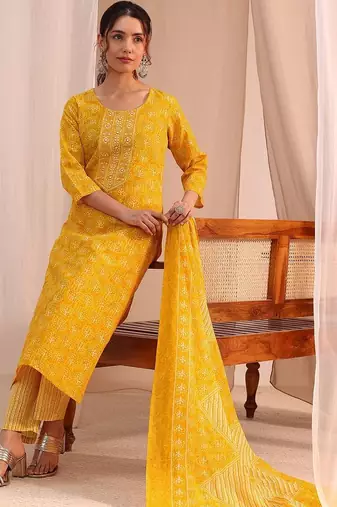 sunshine yellow printed cotton straight suit set