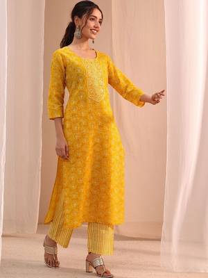 sunshine yellow printed cotton straight suit set 7