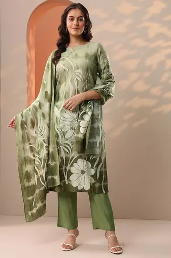 floral printed straight kurta with trousers & dupatta