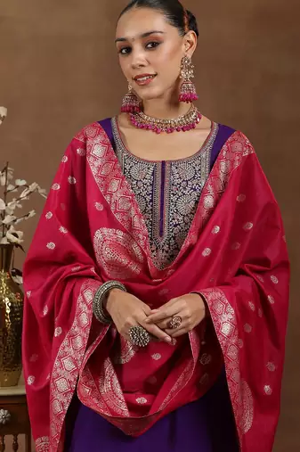 floral yoke design sequinned straight kurta with trouser & dupatta