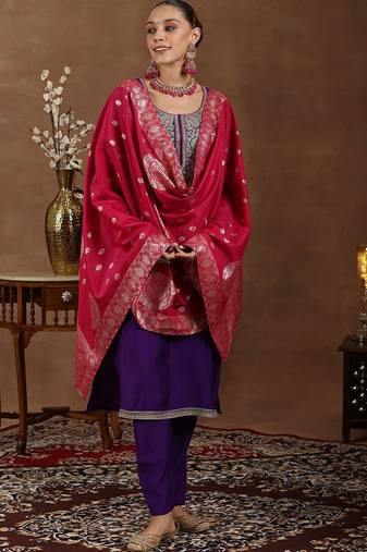 floral yoke design sequinned straight kurta with trouser & dupatta