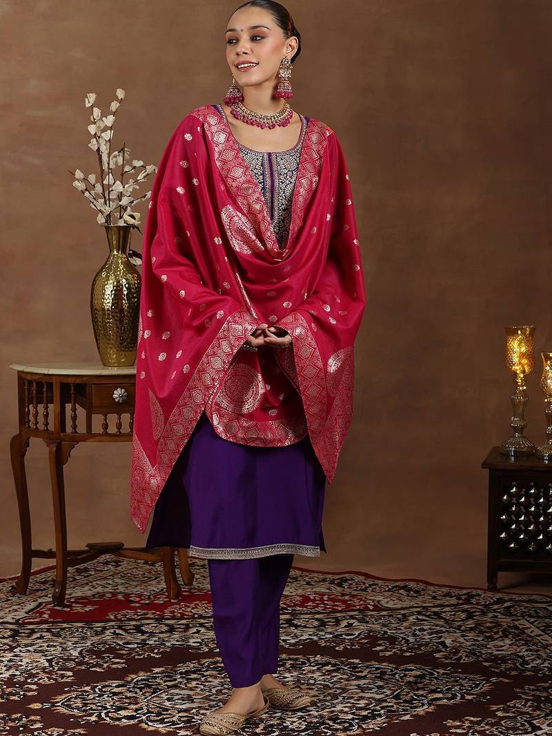 floral yoke design sequinned straight kurta with trouser & dupatta