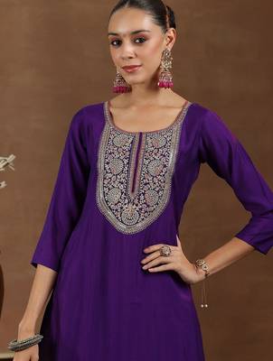 floral yoke design sequinned straight kurta with trouser & dupatta 3