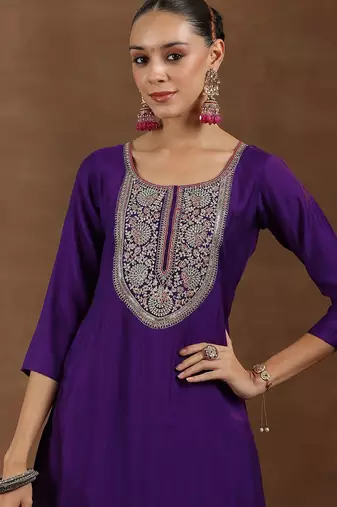 floral yoke design sequinned straight kurta with trouser & dupatta